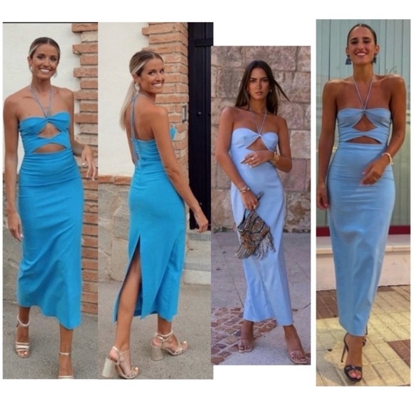 Zara Blogger Favorite Blue Cut-out Halter Top Bodycon Midi Dress Sz L - Picture 2 of 13